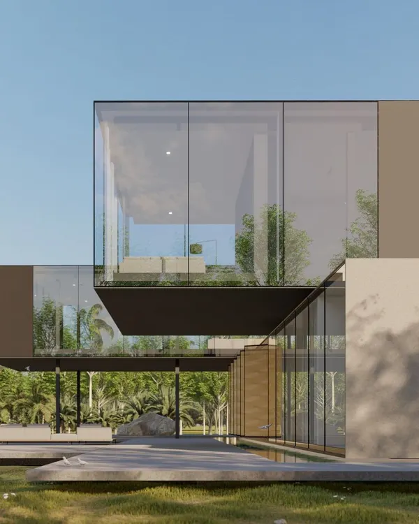 This minimalist farmhouse concept features two floating bars for private and semi-public spaces, stacked over a transparent public area. The design hovers above the landscape, preserving the natural environment while creating a striking architectural form that is both simple and profound.