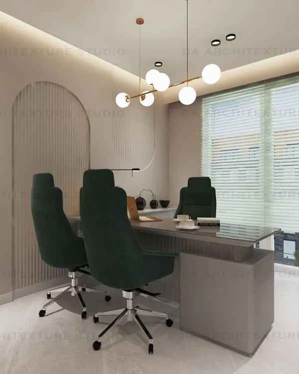 This office was designed for a "Lady Boss" client who wanted a soothing and calm environment. I used natural hues, curved shapes, and soft lighting to create a space that is both professional and serene.