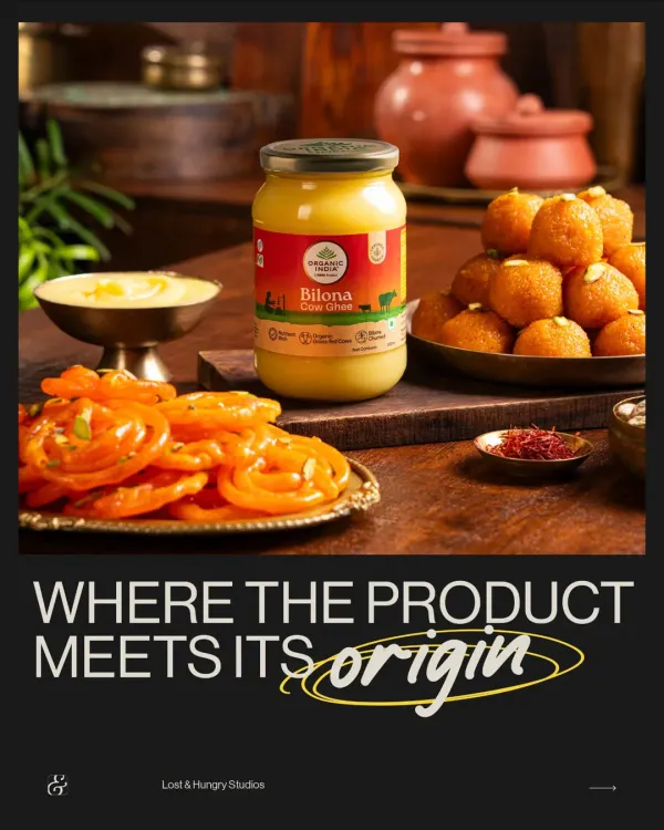 A shot for Organic India's Bilona Ghee, where the product meets its origin. We styled the ghee jar alongside traditional Indian sweets like jalebi and ladoo to place it in its cultural and culinary context.