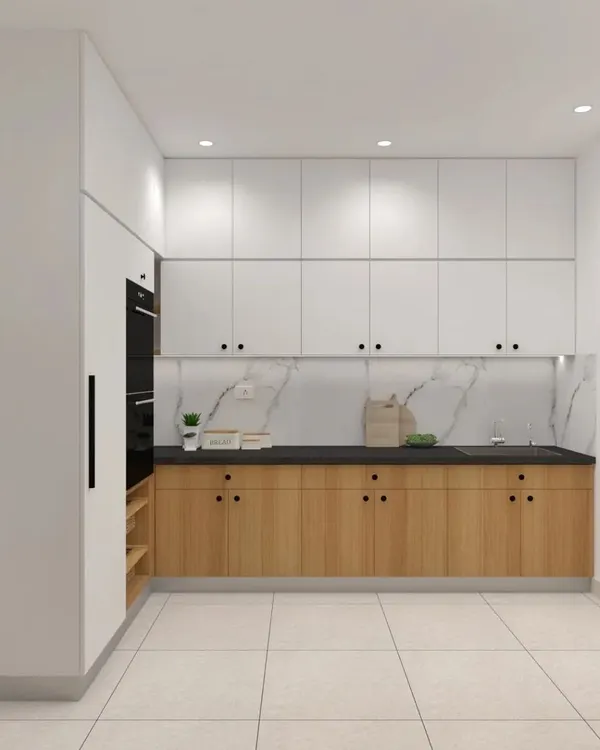 This 3D render demonstrates a popular and timeless two-tone kitchen design, pairing warm wood-grain lower cabinets with clean white uppers. The layout includes a tall unit that seamlessly integrates appliances, maximizing both storage and style.
