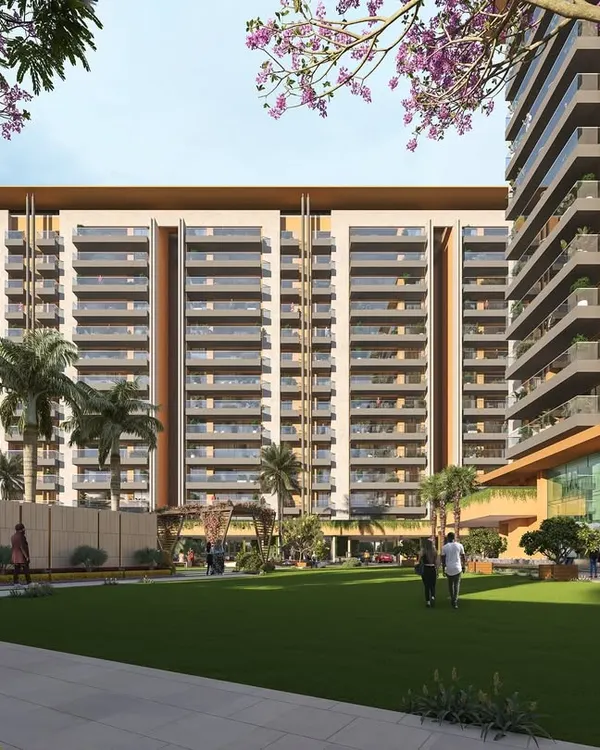 A render of Gulnaar Zenium, showing the expansive central green space designed to foster community interaction and provide residents with a tranquil escape.