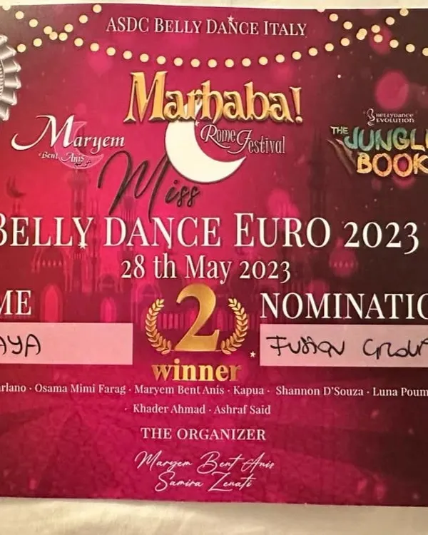 We did it! Team Azaya won 2nd place in the Fusion Group category at the Miss Belly Dance Euro 2023 festival in Rome. I am so incredibly proud of my team for this amazing achievement on an international stage.