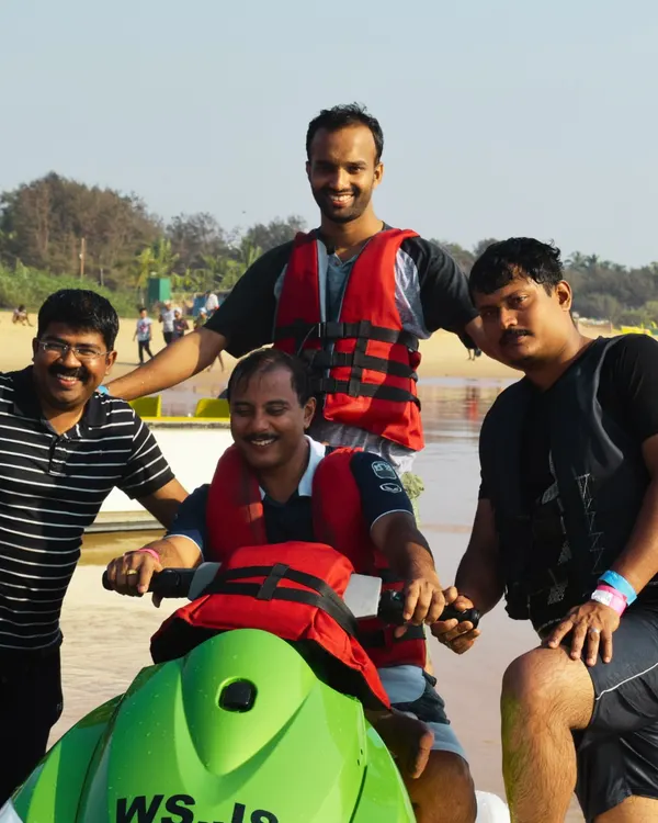 A moment of fun on a jet ski during a corporate offsite we organized in Goa. We mix thrilling water sports with team-building to create a balanced and memorable experience.