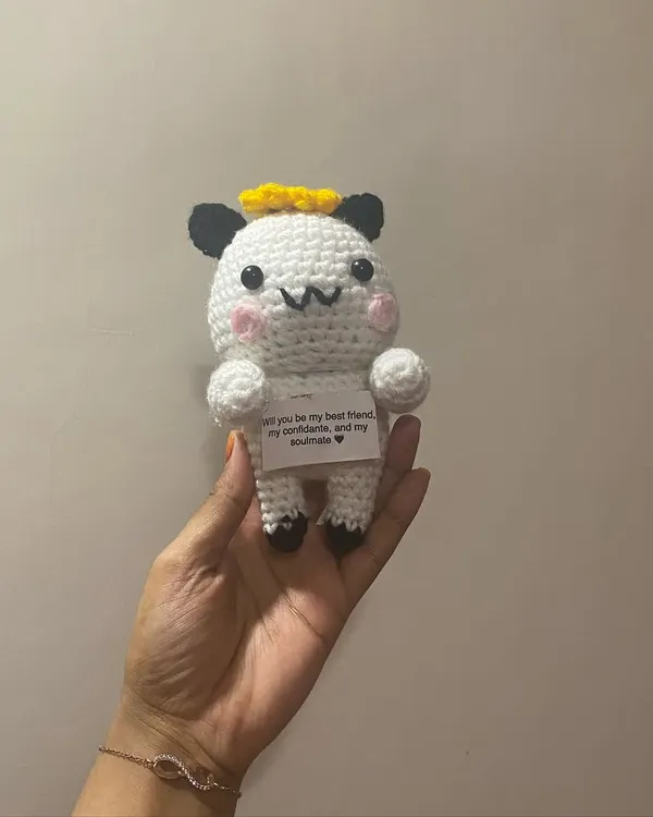 This is my special message doll. This little creature holds a tiny, personalized note with your own words, making it a truly heartfelt gift for a best friend, partner, or someone special.