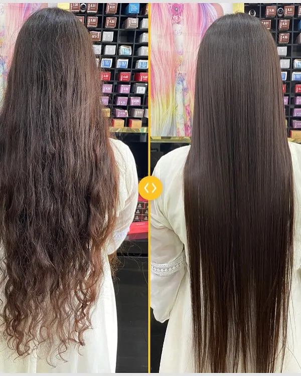 A side-by-side look at a hair smoothening treatment. The result is perfectly straight, frizz-free hair that looks and feels healthy from root to tip.