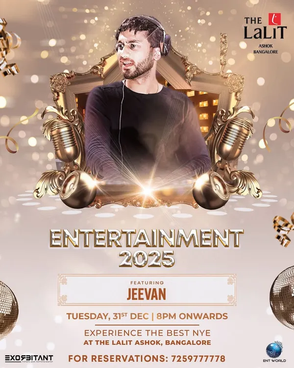 The official poster for my headline DJ set at 'Entertainment 2025' at The Lalit Ashok. These large-scale events are my specialty, where I bring high energy to Bangalore's biggest New Year's Eve parties.