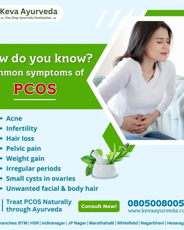 Unsure if you have PCOS? This graphic outlines common symptoms like irregular periods, weight gain, and acne. We offer natural Ayurvedic treatments to manage the condition at its root.