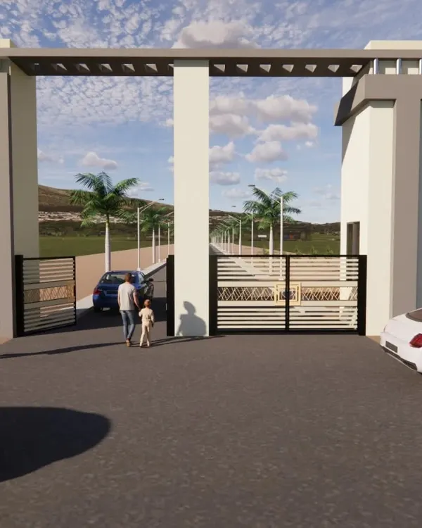 A 3D render of the proposed main entrance for a gated community in Dodbalapur. This design establishes a secure and impressive entry point for the entire layout.
