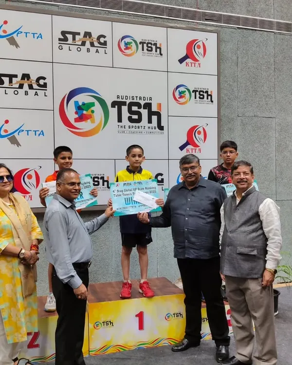 Celebrating our U-11 Boys champion, Aryaveer Borah, on the winner's podium at the 4th UP State Ranking Tournament in Kanpur. His gold medal is a testament to his dedication and the rigorous training he undergoes.