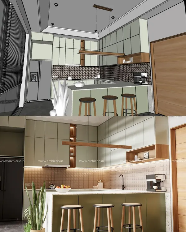From 3D render to reality. This image shows the comparison between the initial design for a kitchen and the final executed space, showcasing my commitment to precision.