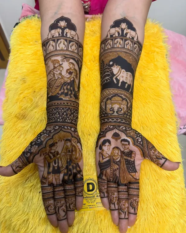 This is the kind of detail I love creating for my brides. This full bridal design features a beautiful Radha Krishna story on the arms and a custom portrait of the couple's varmala ceremony on the palms, making it truly personal.
