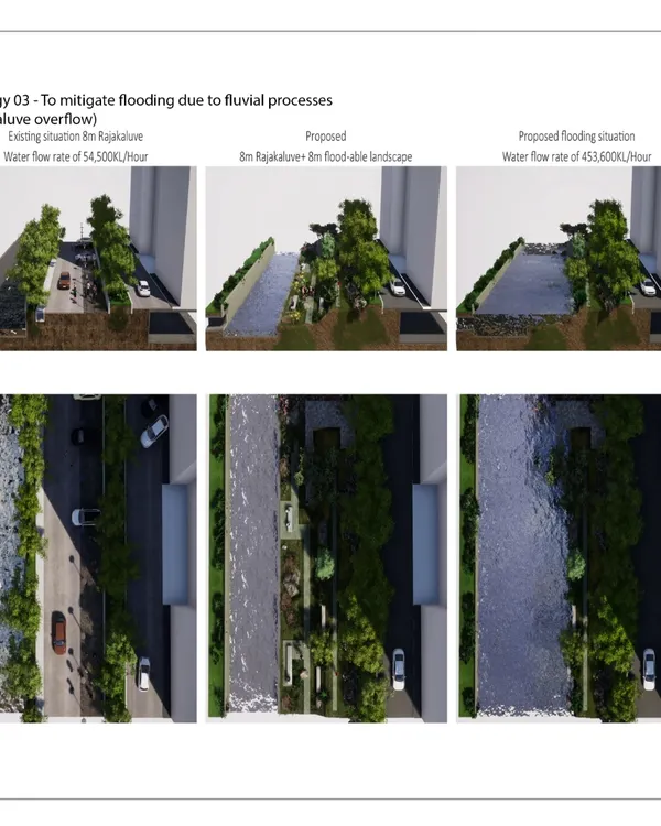 This 3D visualization demonstrates a core flood mitigation strategy for Bengaluru. I transform vulnerable roadside areas along a Rajakaluve (stormwater drain) into a multi-level, floodable landscape. During normal conditions, it serves as a green public space, but during heavy rains, it acts as a reservoir, preventing overflow and protecting infrastructure.