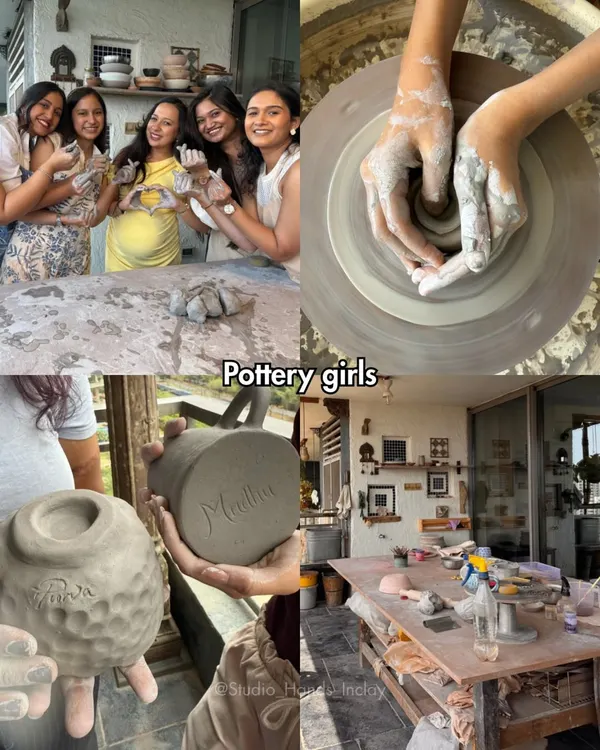 A collage celebrating "Pottery girls," showing groups of friends laughing, working on the wheel, and proudly displaying their handmade items.