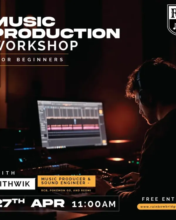 This flyer for our "Music Production for Beginners" workshop shows our commitment to making music creation accessible. We host sessions that cover the basics, from using a DAW to recording your first track.