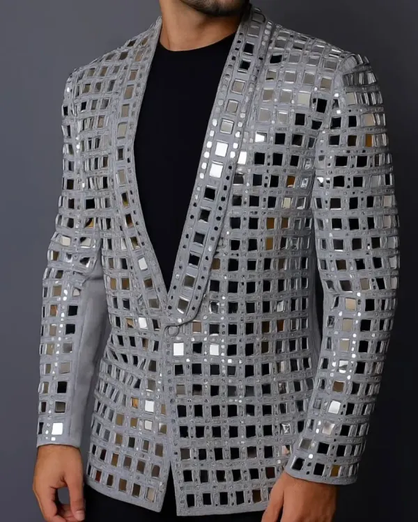 A show-stopping grey jacket covered in a lattice of real mirrors. This is the ultimate statement piece for a glamorous cocktail party or reception, designed for the man who isn't afraid to shine.