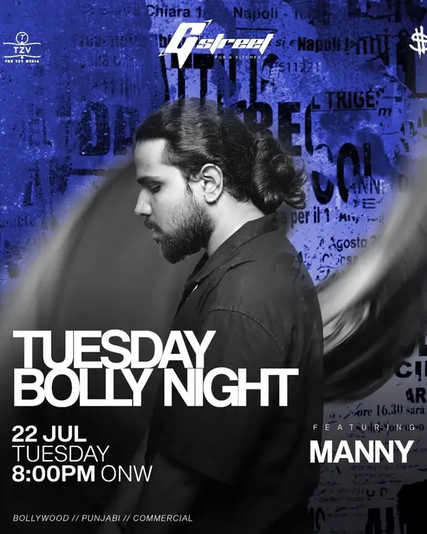 Flyer for my 'Tuesday Bolly Night' at G Street. I bring a high-energy mix of Bollywood, Punjabi, and Commercial hits to get you through the week.