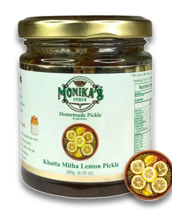 My Khatta Mitha Lemon Pickle, a perfect balance of sweet and sour. This pickle is a timeless classic, made from juicy lemons and a secret family recipe that has been passed down through generations. It's the ultimate comfort food condiment.