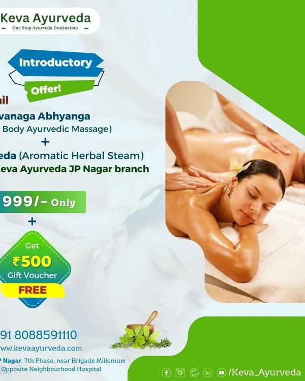 We are happy to offer an introductory special at our JP Nagar branch. New clients can experience a full-body Ayurvedic massage and herbal steam at a special price, along with a complimentary gift voucher.