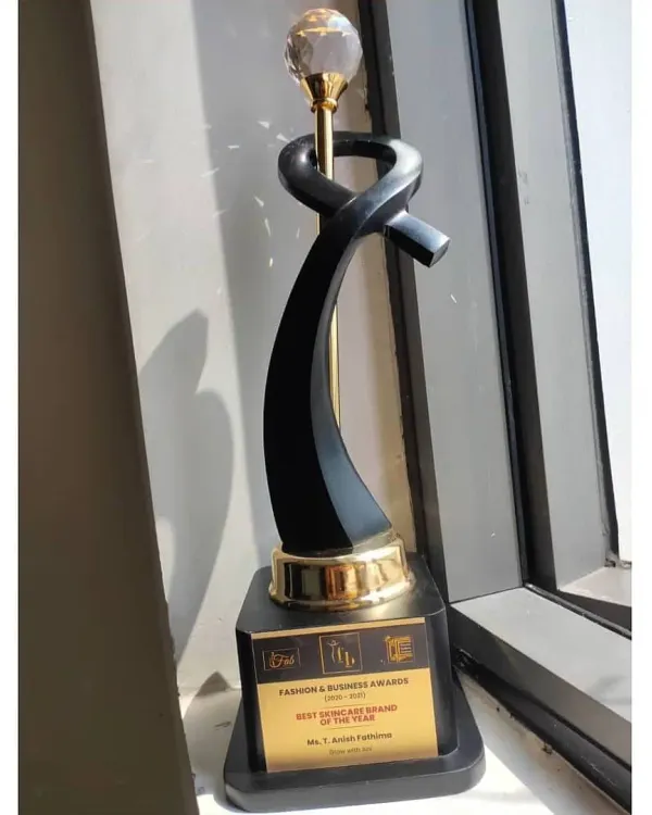 This is the 'Best Brand of the Year' award that my brand, Glow with Ani, received. It is a reminder of how far I have come with your love and support.