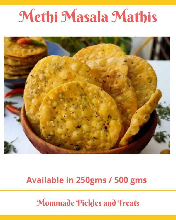 My Methi Masala Mathi is a customer favourite, a crunchy and savoury cracker spiced with dried fenugreek leaves. It's the perfect flaky biscuit to enjoy with your evening tea or with a spoonful of my homemade achaar.