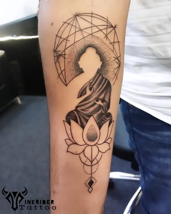 This design uses a silhouette of Buddha set against a geometric background, seated on a lotus. It’s a modern take on a classic spiritual symbol, representing peace and enlightenment.