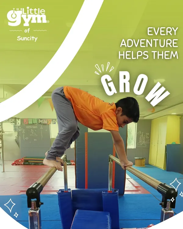 Every adventure helps them grow. This preschooler is developing upper body strength and balance on the parallel bars, an essential piece of gymnastics equipment.
