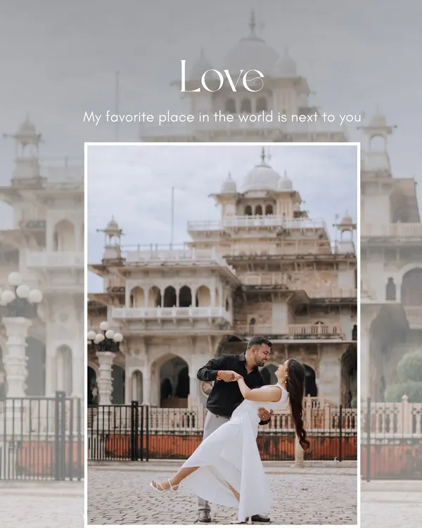 A beautiful, romantic dance pose in front of the Albert Hall Museum. We use the grandeur of this Indo-Saracenic monument as a stunning backdrop for elegant pre-wedding portraits.