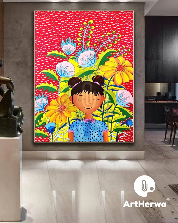 This vibrant and colorful canvas painting was a custom commission for a client in Gurugram. The piece features a whimsical portrait of a girl surrounded by oversized flowers, bringing a joyful and modern energy to the space.