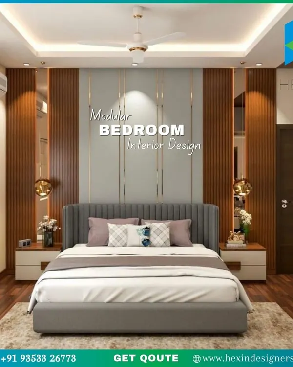 This master bedroom combines luxury and comfort with a floor-to-ceiling headboard featuring wood fluting and mirror panels. The false ceiling with cove lighting adds a soft glow, creating a perfect ambiance for relaxation.