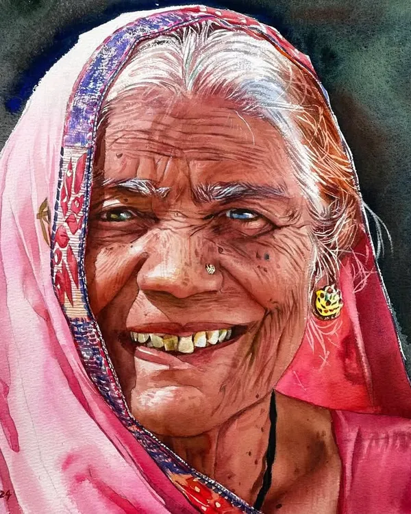This watercolor portrait captures the pure, uninhibited joy in a smile that has seen a lifetime. For me, painting is not just about realism, but about capturing the feeling, the truth of a moment like this.