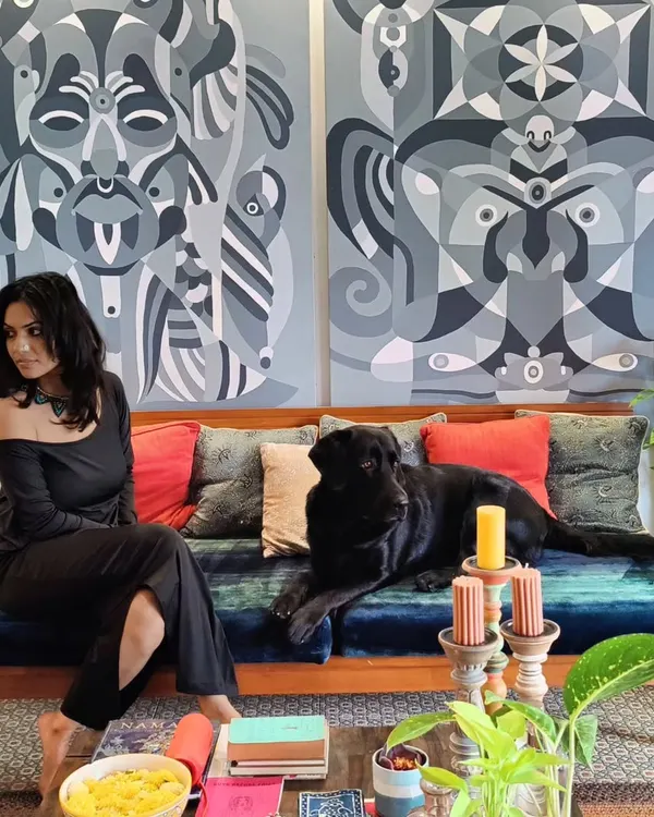 Welcome to our studio in Bangalore. This is our sanctuary, a space filled with art, color, and inspiration, where we live and create alongside our faithful companion, Kai.