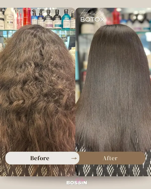 A perfect example of our Hair Botox treatment's power. We took this frizzy, hard-to-manage hair and transformed it into a smooth, glossy, and healthy-looking mane that is now easy to style and maintain.