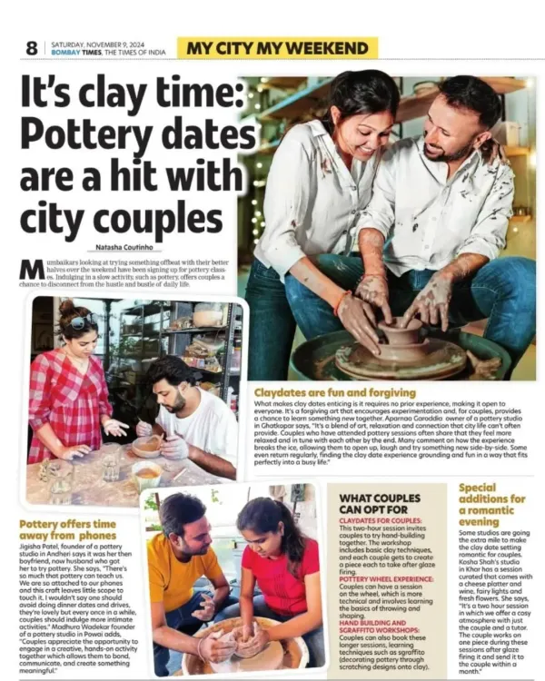I was so honored to be featured in the Bombay Times for our popular 'Clay Dates'. Sharing my story and passion for pottery with a wider audience was a humbling and incredibly grateful moment for me.