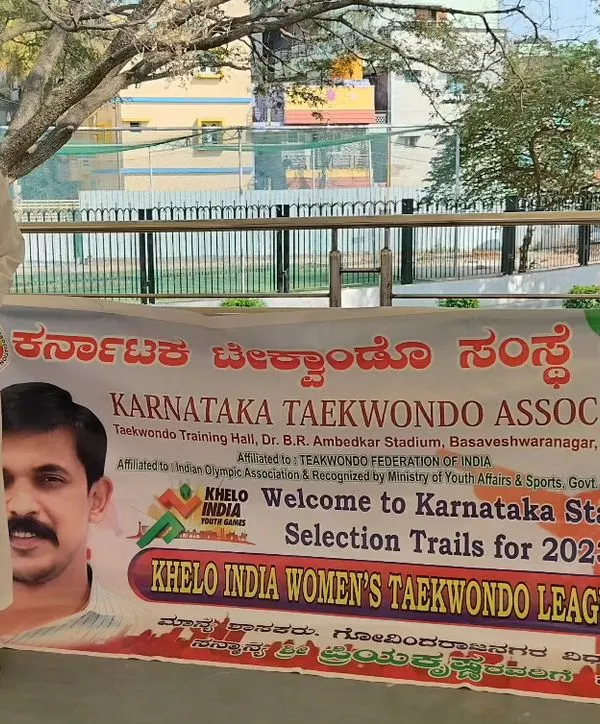 Our student, Chetana, proudly standing at the selection trials for the Khelo India Women's Taekwondo League. This is a significant achievement, representing our academy at the state and national level.