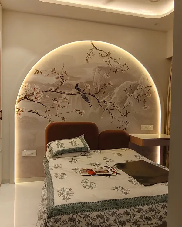This installation in an arched niche in Nahur required very precise cutting. The wallpaper is perfectly fitted to the curve, and the final look is enhanced by the hidden LED lighting.