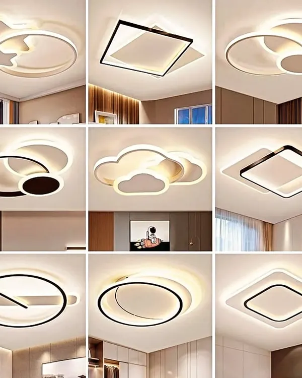 A collage showcasing a variety of modern, minimalist ceiling light fixtures I can incorporate. These designs, from stars and clouds to sleek geometric shapes, act as both a light source and a decorative element.