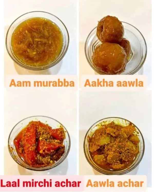 Here is another selection of my homemade products. This includes my sweet and tangy Aam Murabba, whole Aakha Aawla Murabba, spicy Lal Mirchi Achar, and tangy Aawla Achar. There is a flavor for everyone in the family.
