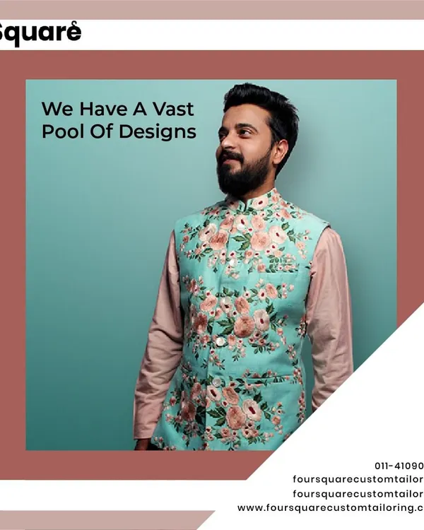 Make a bold statement with our custom Nehru jackets. This vibrant turquoise floral print jacket is a testament to our diverse design pool, created for those who want their festive wear to reflect a unique and modern sensibility.