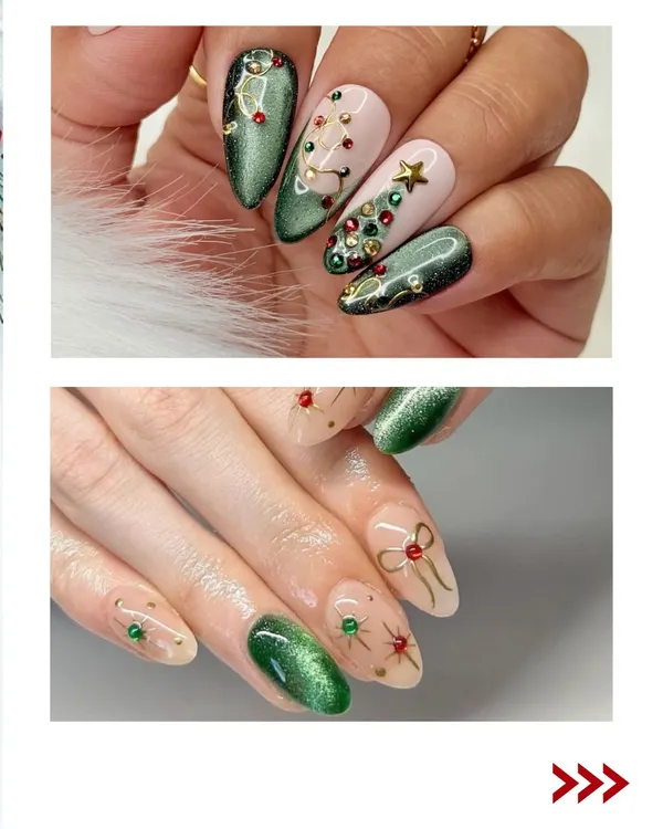 The sparkle season is here! This collage showcases some of our favorite Christmas designs, including a festive tree with rhinestone ornaments and glittery green cat-eye nails.