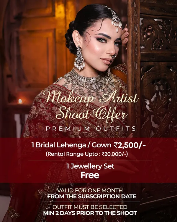 Makeup artists, this one's for you. This graphic details my premium shoot offer: rent a bridal lehenga or gown worth up to ₹20,000 for just ₹2,500, and get a jewellery set for free.