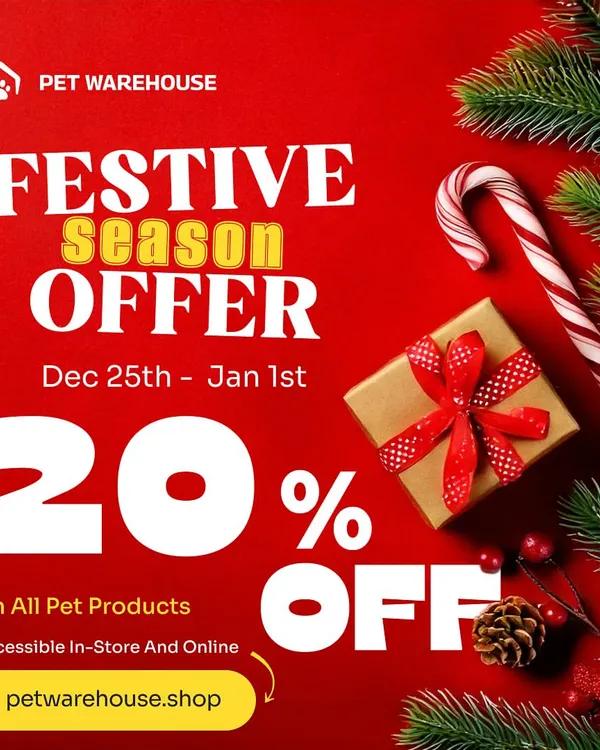Celebrate the festive season with a special treat for your furry friend. Enjoy a flat 20% discount on all our pet products, available both in-store and online. It's the perfect time to stock up on essentials.