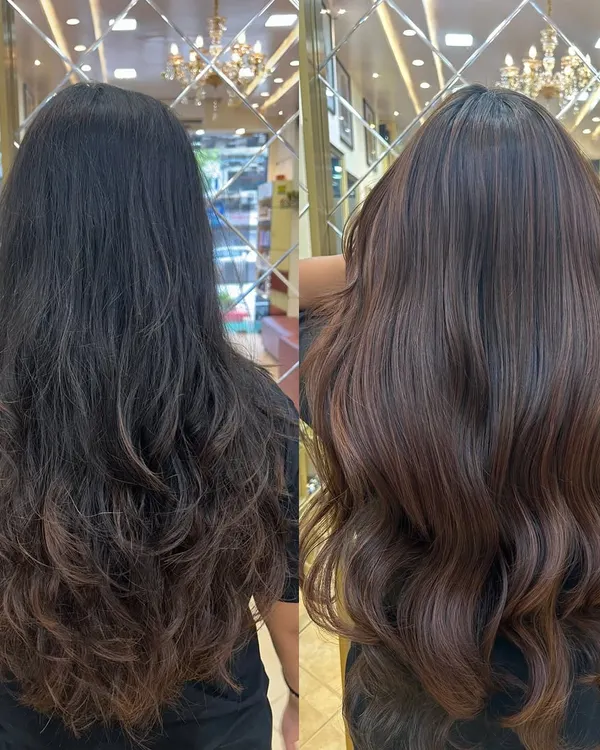 This before and after shows how a global cinnamon brown color can completely transform hair. It adds warmth, richness, and a healthy shine, making it a perfect choice for Indian skin tones.