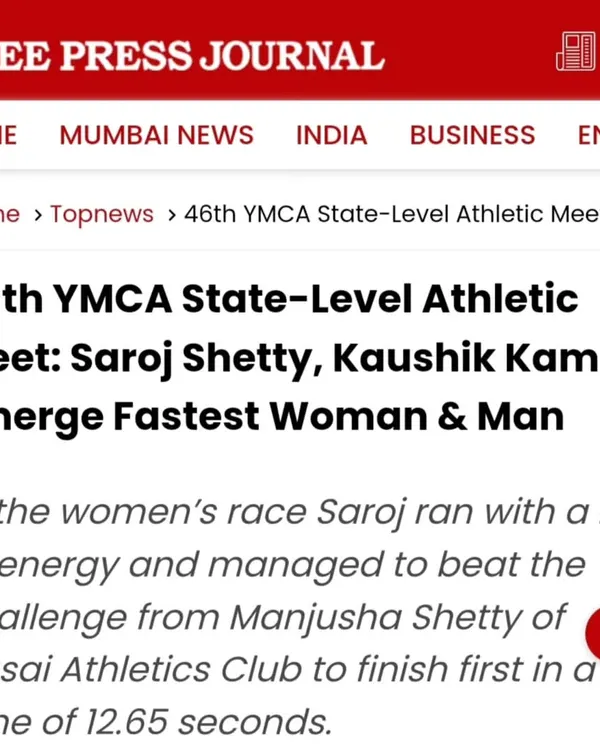 The Free Press Journal highlighting Saroj Shetty and Kaushik Kamat as the fastest woman and man at the 46th YMCA State-Level Athletic Meet.