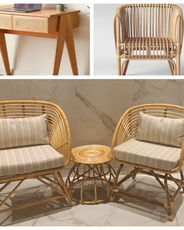 This collection highlights our versatility, featuring a cane-paneled desk, a classic rattan armchair, and a comfortable two-chair patio set. We can furnish every room in your home.