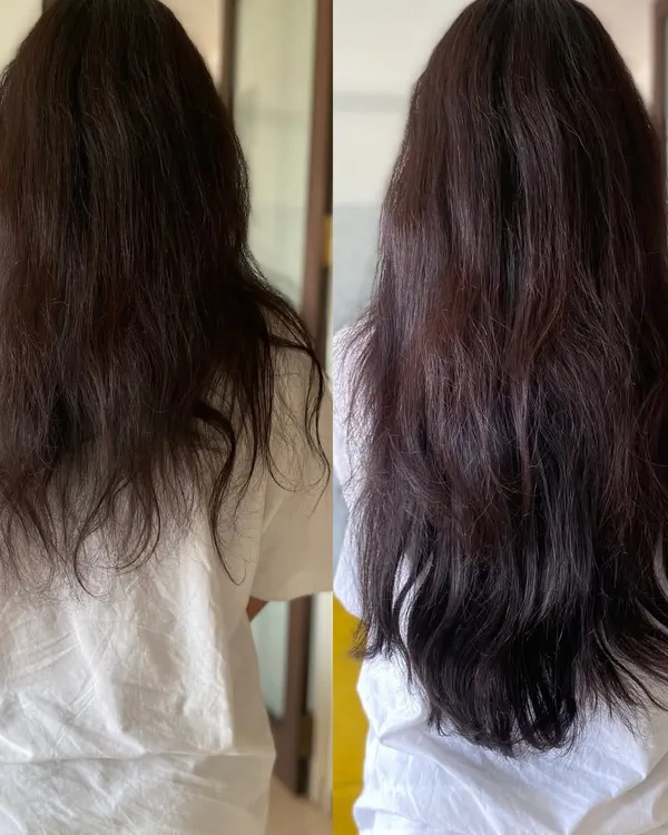 A perfect example of a full-volume transformation using a 160gm clip-on set. The 'after' shot shows how the extensions add density and length for a much healthier and fuller appearance.