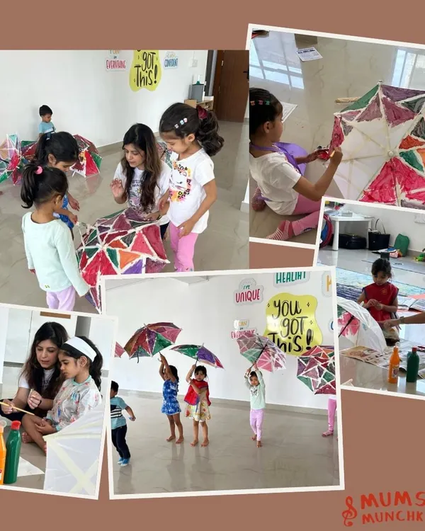 A collage from our Dussehra umbrella painting workshop. You can see the entire process, from the initial taping and painting to the final proud display. This multi-step project is great for building focus and seeing a creative idea through to completion.