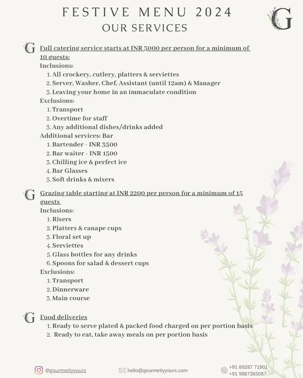 Our Festive Menu 2024, detailing our service offerings. This includes pricing and inclusions for our full catering service, grazing tables, and food deliveries.