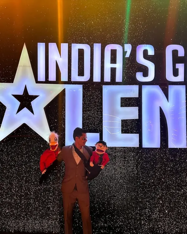 A wide shot from the grand stage of India's Got Talent. The scale of the production was massive, and we were thrilled to bring our puppet comedy act to such a huge national audience.