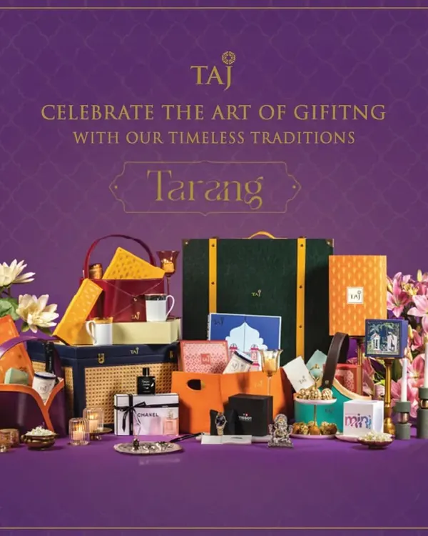 We present the art of gifting through our Tarang collection. This curated display showcases the breadth of our bespoke hampers, which can be customized to include gourmet foods, artisanal sweets, luxury accessories, and modern technology, all presented in our signature reusable trunks and designer bags.