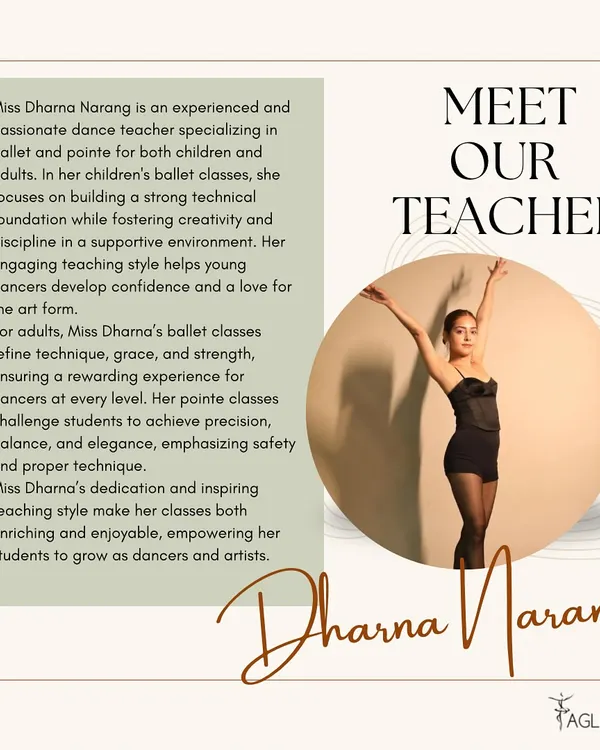 Meet our founder and director, Dharna Narang. She specializes in ballet and pointe for both children and adults, focusing on building a strong technical foundation in a supportive and creative environment.